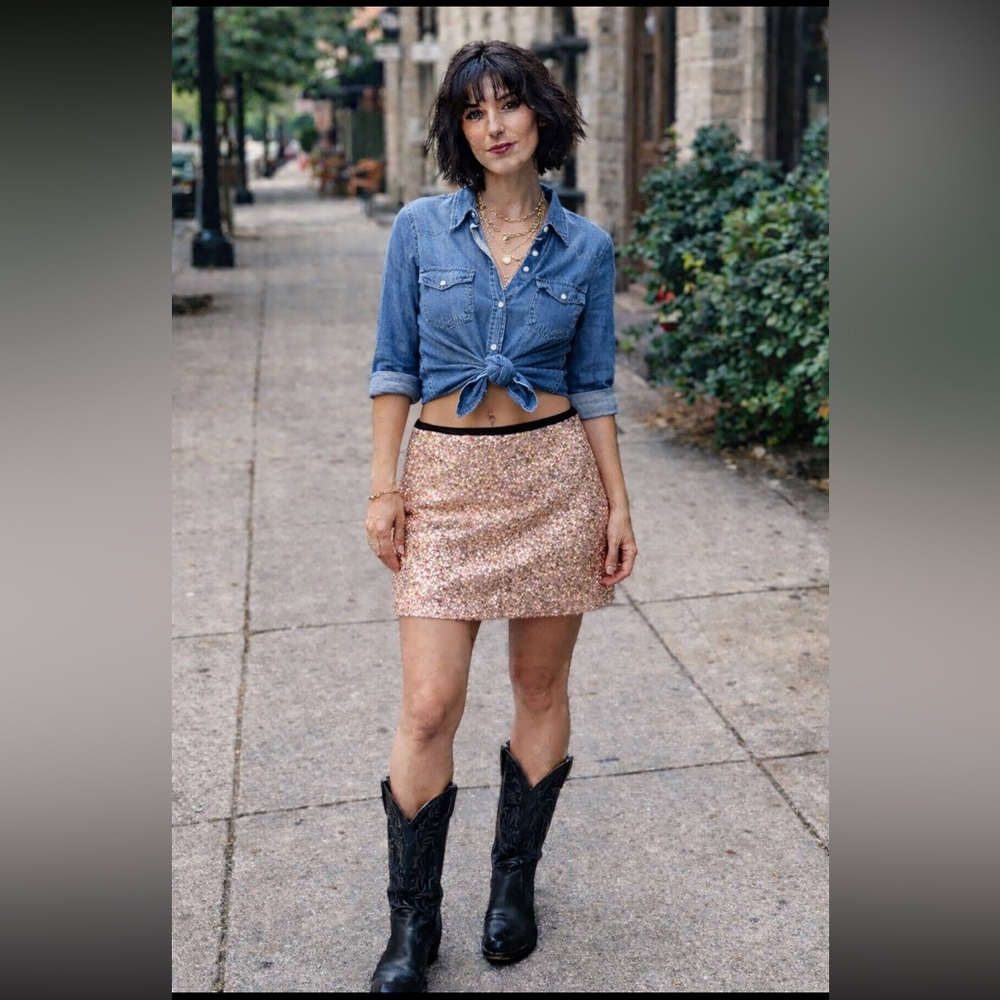 Sequin RoseGold Mini Skirt M Rachel Roy club party streetwear New Year’s 90s Y2K